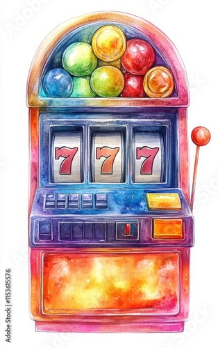 A colorful watercolor illustration of a classic slot machine featuring three sevens, adding a vibrant touch to the gaming theme.