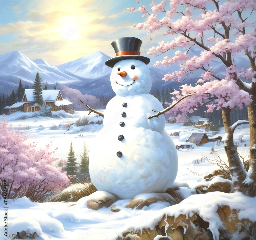 Obraz premium Illustration of snowman with winter landscape.