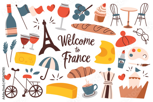 Vector illustration of French culture symbols with lettering. Eiffel Tower, baguette, cheese, wine, beret, and croissant in cartoon style. Travel to France set, Parisian theme collection