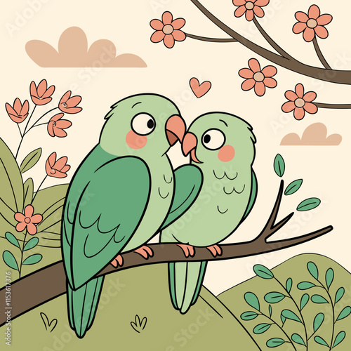  A beautiful digital image of two lovebirds sitting closely, showcasing affection and intimacy.