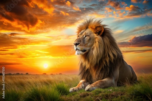 Golden hour bathes a majestic lion in sunset's glow, a breathtaking African savannah scene.