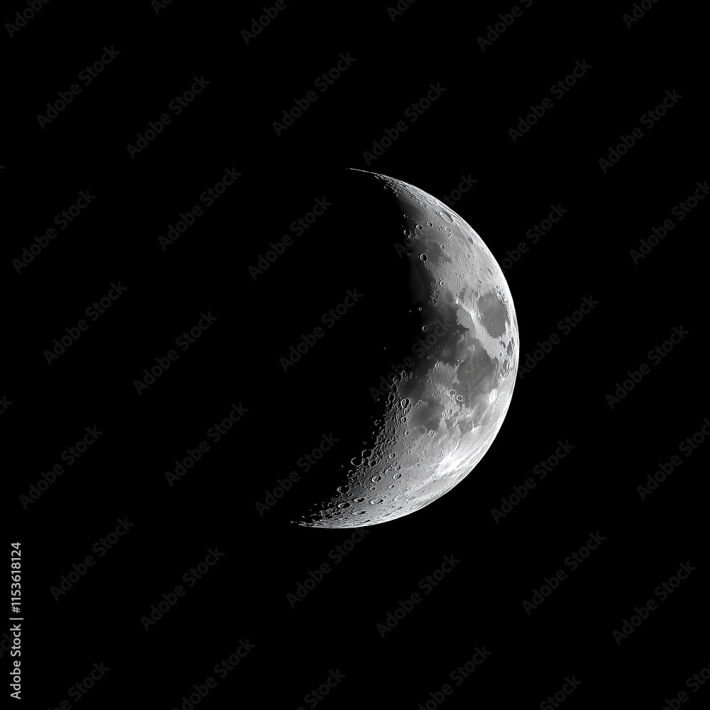 Crescent moon illuminated against a dark sky during nightfall in a tranquil setting Crescent moon illuminated against a dark sky during nightfall in a tranquil setting