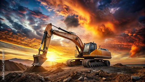 Wallpaper Mural Sunset Construction Site: Excavator at Work, Heavy Machinery, Golden Hour Landscape Photography Torontodigital.ca