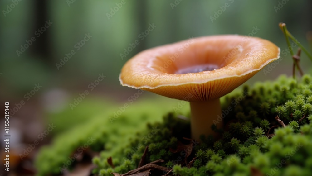 Close-up of a delicate, light orange mushroom emerging from a bed of vibrant green moss. The soft light enhances its natural beauty. Close-up of a delicate, light orange mushroom emerging from a bed of vibrant green moss. The soft light enhances its natural beauty.