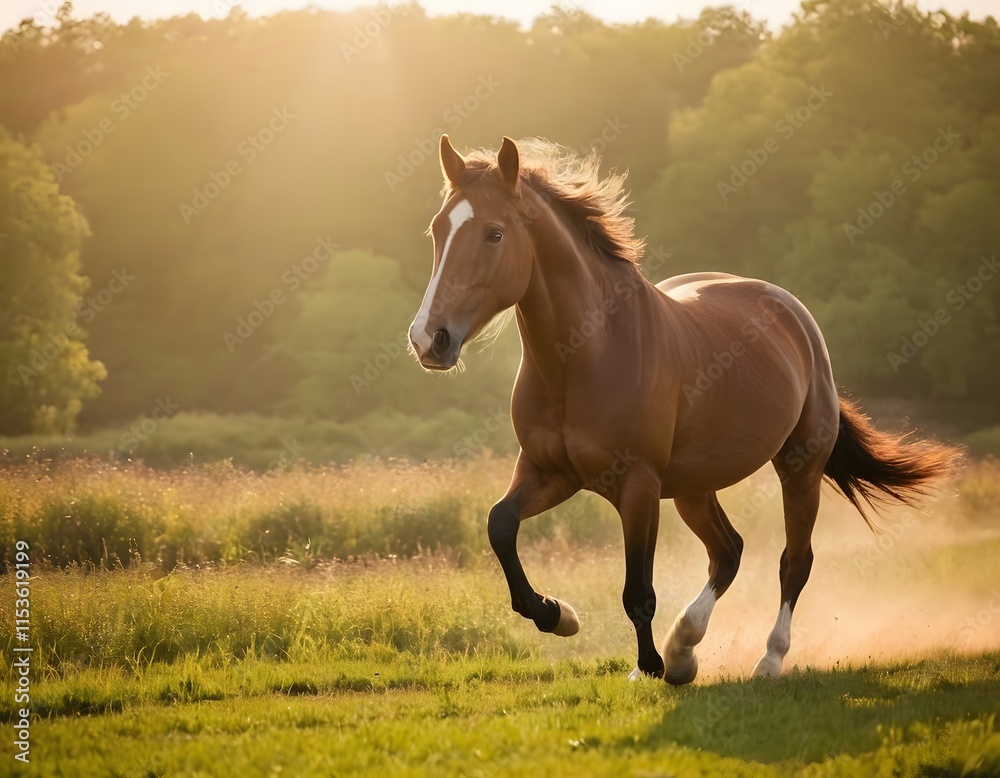 Fototapeta premium cute brown shining horse gallops long hairs in the meadow forest closeup shot nature wildlife concept 