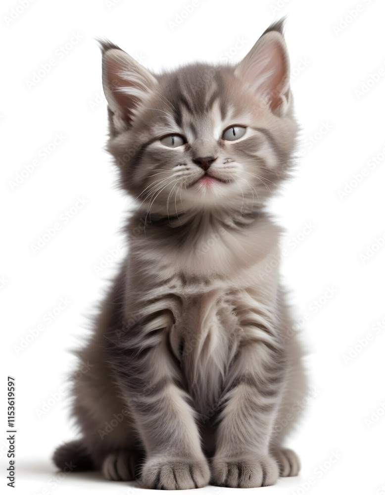 Fototapeta premium A young tabby kitten with fluffy fur and eyes closed , appearing to be sleeping or resting peacefully 