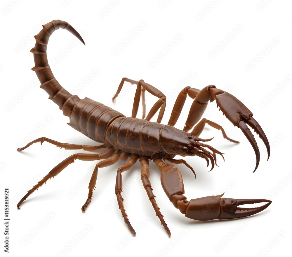 A large scorpion with a long segmented tail and sharp pincers , crawling on a white background A large scorpion with a long segmented tail and sharp pincers , crawling on a white background