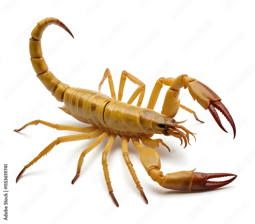 A large scorpion with a long segmented tail and sharp pincers , crawling on a white background A large scorpion with a long segmented tail and sharp pincers , crawling on a white background