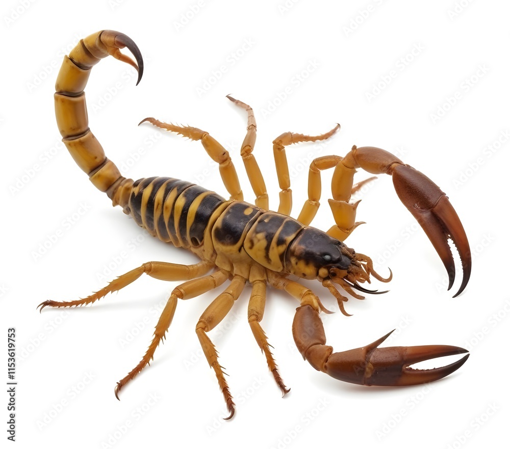A large scorpion with a long segmented tail and sharp pincers , crawling on a white background A large scorpion with a long segmented tail and sharp pincers , crawling on a white background