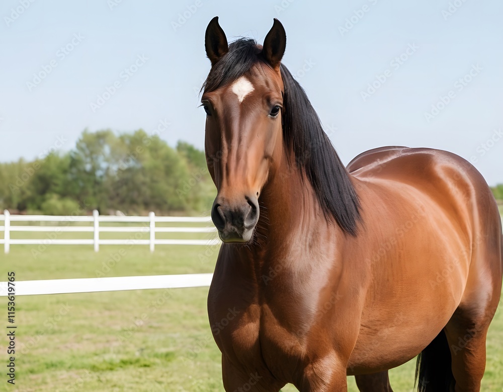 Fototapeta premium cute brown shining horse long hairs in the meadow forest closeup shot nature wildlife concept