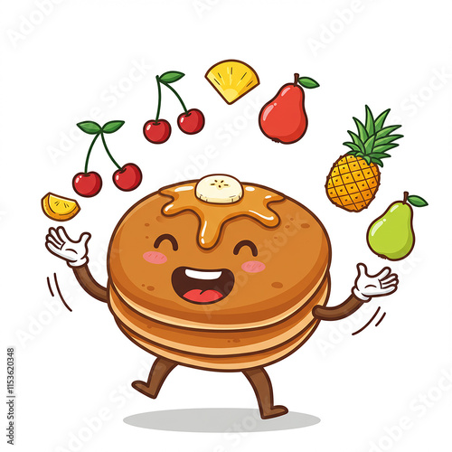 Happy Pancake Juggling Fruit Breakfast Fun Illustration photo