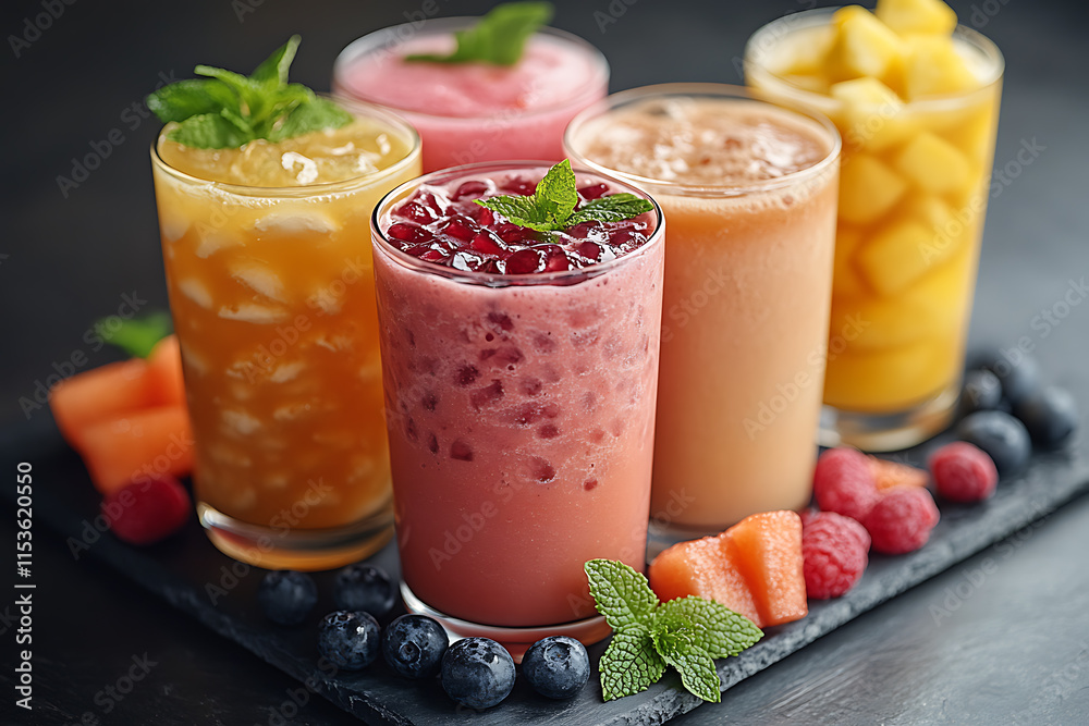 
A vibrant assortment of metabolism-boosting drinks, featuring green tea, a refreshing watermelon smoothie, and a tropical pineapple shake