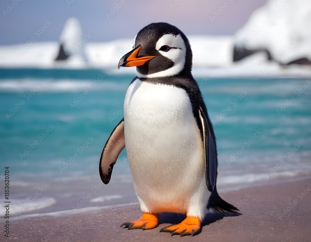 Naklejka premium Cute funny cartoon penguin in polar region iceberg and sunlight