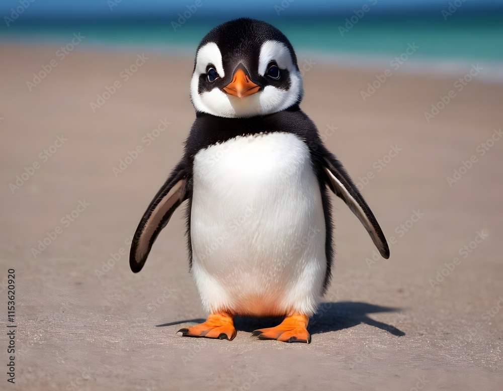 Naklejka premium Cute funny cartoon Gentoo penguin in polar region on the beach iceberg and sunlight