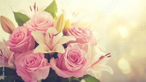 Close-up of a bouquet of pink roses and white lilies.