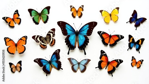 A vibrant collection of butterflies with diverse wing patterns and colors, arranged on a white background.