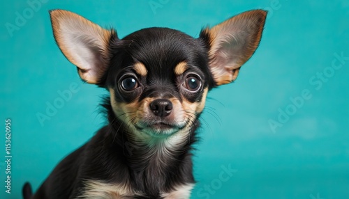 Adorable black and tan Chihuahua puppy portrait against teal background.