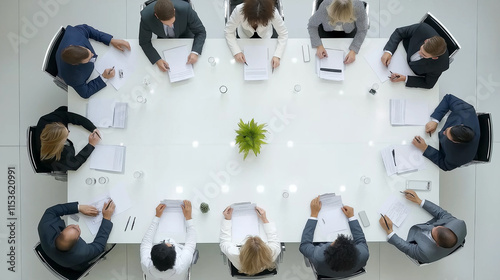 Overhead top view of a business panel collaborating during an office meeting, gathered around a large table to discuss strategies and ideas