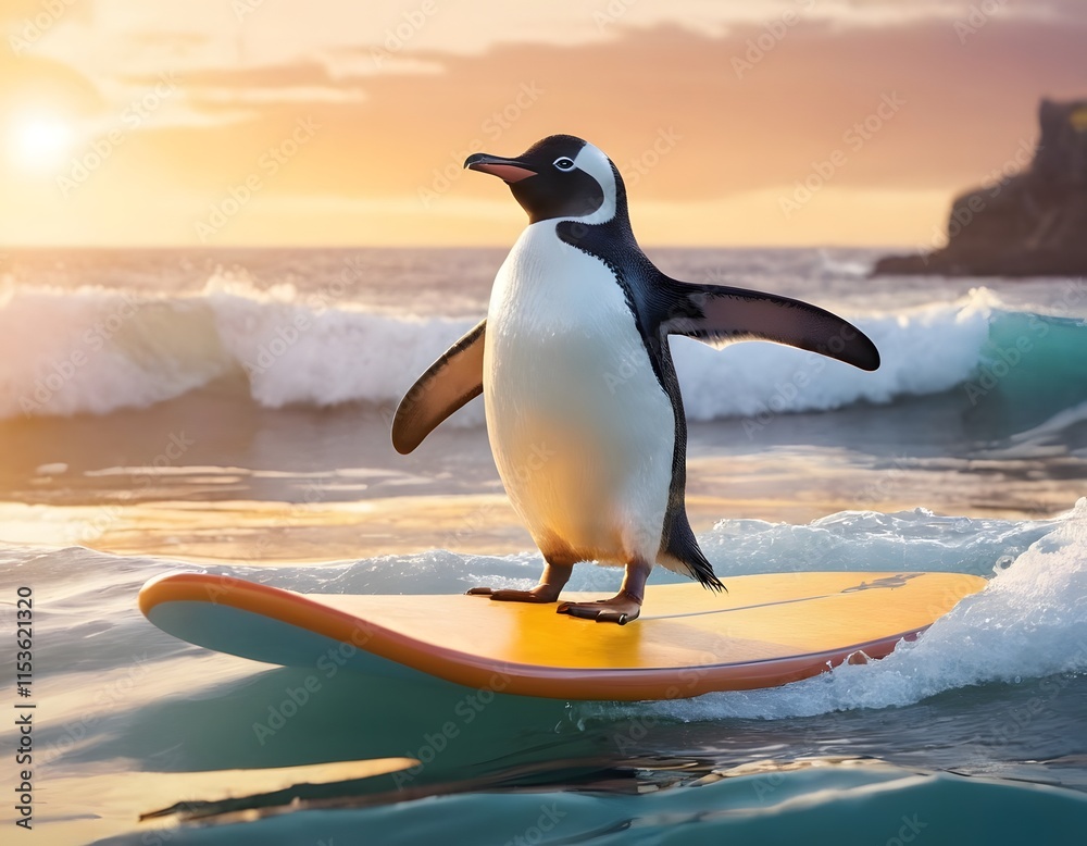 Fototapeta premium funny cartoon penguin on the beach playing in the sea water blue sky sunlight cool weather