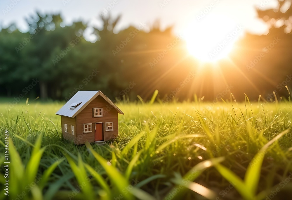 A small wooden house model in a grassy field with the sun shining brightly in the background, creating a warm and inviting atmosphere A small wooden house model in a grassy field with the sun shining brightly in the background, creating a warm and inviting atmosphere
