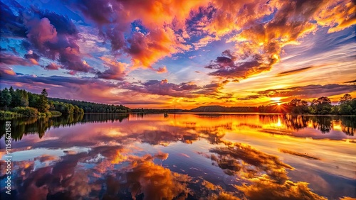 Golden hour paints the sky, reflected in Sunset Lake's tranquil waters, a vibrant photographic masterpiece.