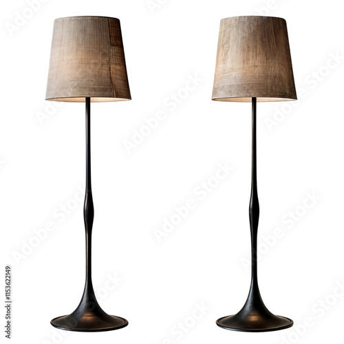 Elegant Modern Floor Lamps: Pair of sleek, black floor lamps with taupe fabric shades, perfect for adding a touch of sophistication to any living space. Ideal for contemporary interiors. 