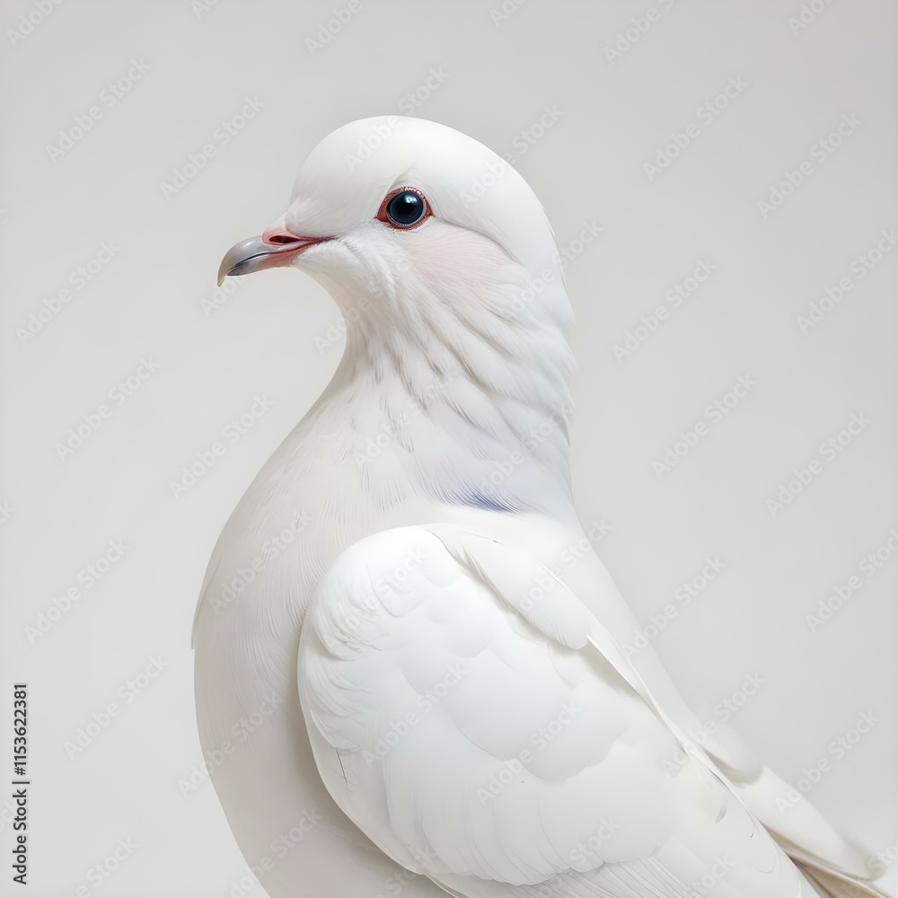 A white dove with its beak open, perched against a white background A white dove with its beak open, perched against a white background