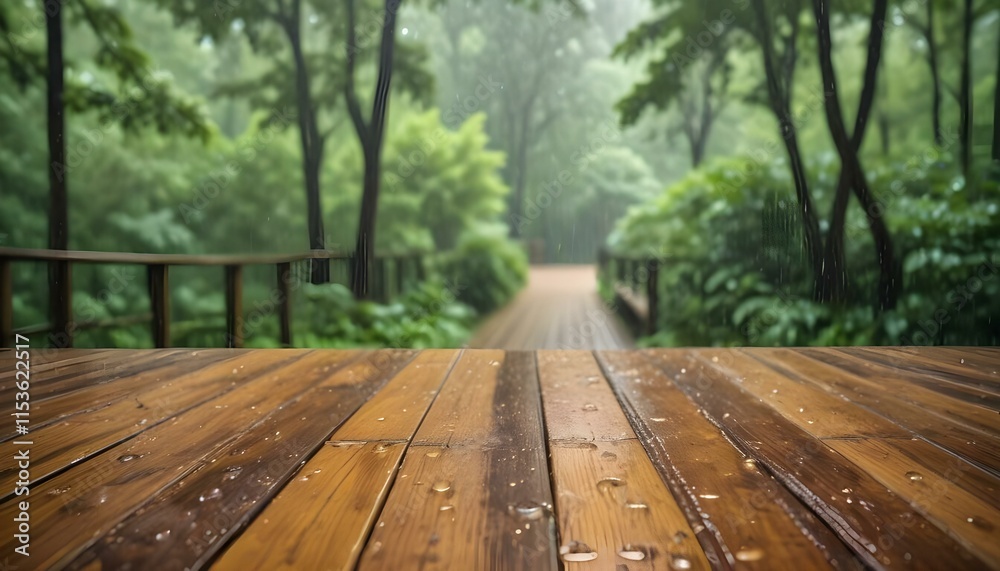 Fototapeta premium Wooden deck with raindrops, surrounded by a lush green forest with blurred trees in the background