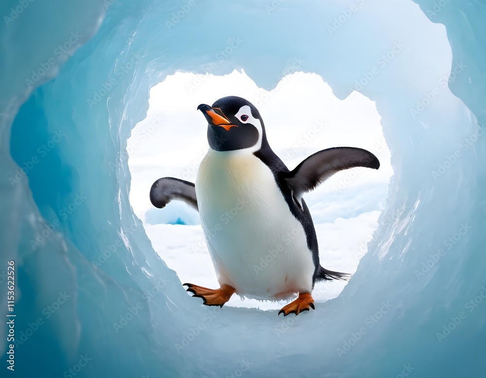 Obraz premium cute funny emperor penguin playing in polar regions snow fall & iceberg in winter season