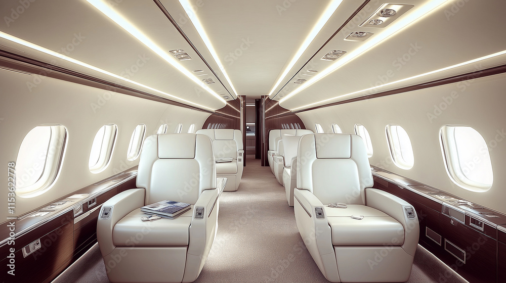 Obraz premium Stunning view of the interior of a modern passenger plane, showcasing high class luxury and comfort in an elegant airplane cabin
