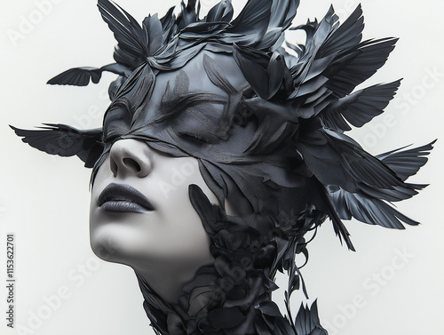 Unique and artistic portrayal of a woman’s face and head enveloped in black feathers, blending creativity and mystery in a striking visual