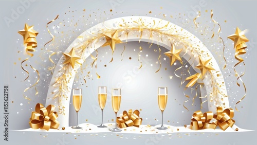 Festive background with champagne and streamers, in golden tones