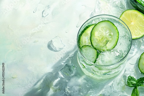 Refreshing drink garnished with cucumber and lime, ice cubes enh photo