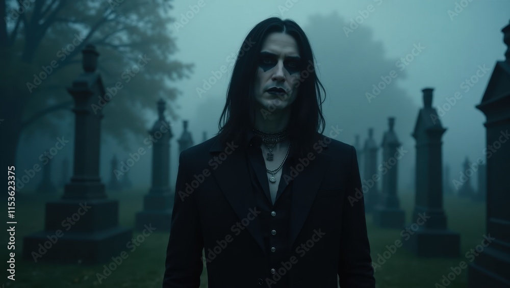 A young man with long black hair and dark makeup stands in a misty graveyard. The moody atmosphere and dark clothing create an evocative image.