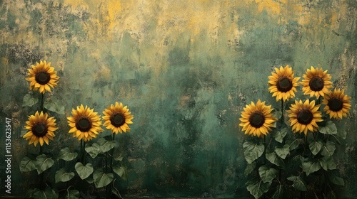 Maternity backdrop, wedding backdrop, photography background with delicate sunflowers and green vintage wall. Generative Ai