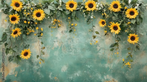 Maternity backdrop, wedding backdrop, photography background with delicate sunflowers and green vintage wall. Generative Ai