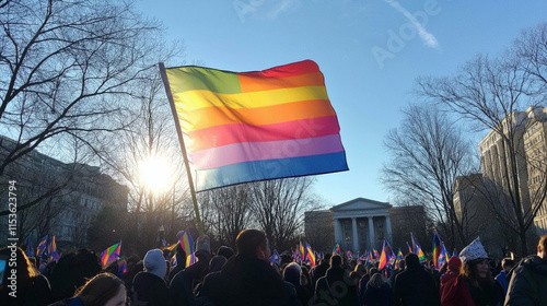 Vibrant scene featuring a big lgbtq flag at a lively protest with happy and joyful people celebrating equality and pride