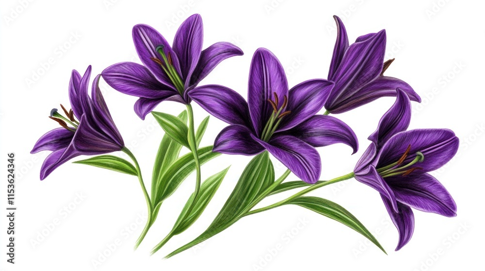 Cluster of five purple lilies with green leaves, isolated on white. Cluster of five purple lilies with green leaves, isolated on white.