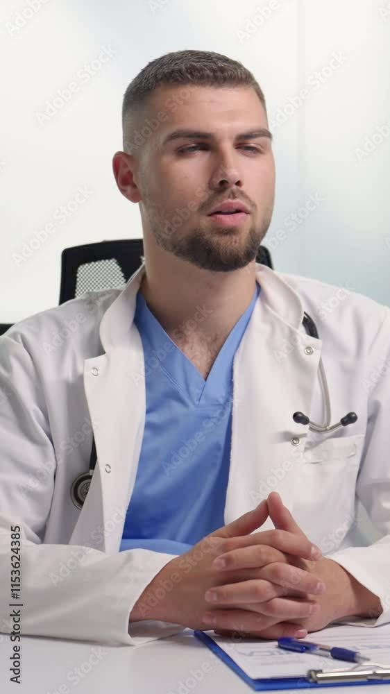 Vertical Screen: Confident male doctor in a white coat attentively listens and explains medical information during a patient consultation in a clinical office. Concept of professional healthcare Vertical Screen: Confident male doctor in a white coat attentively listens and explains medical information during a patient consultation in a clinical office. Concept of professional healthcare