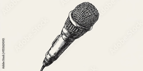 Hand drawn microphone illustration isolated on a white background, showcasing a detailed microphone design. This microphone artwork highlights the artistic take on the classic microphone concept. photo