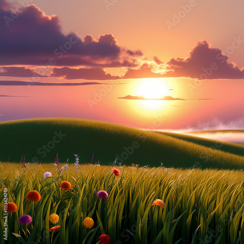 3d render sunset on the sunflower field background Vol - 2 photo