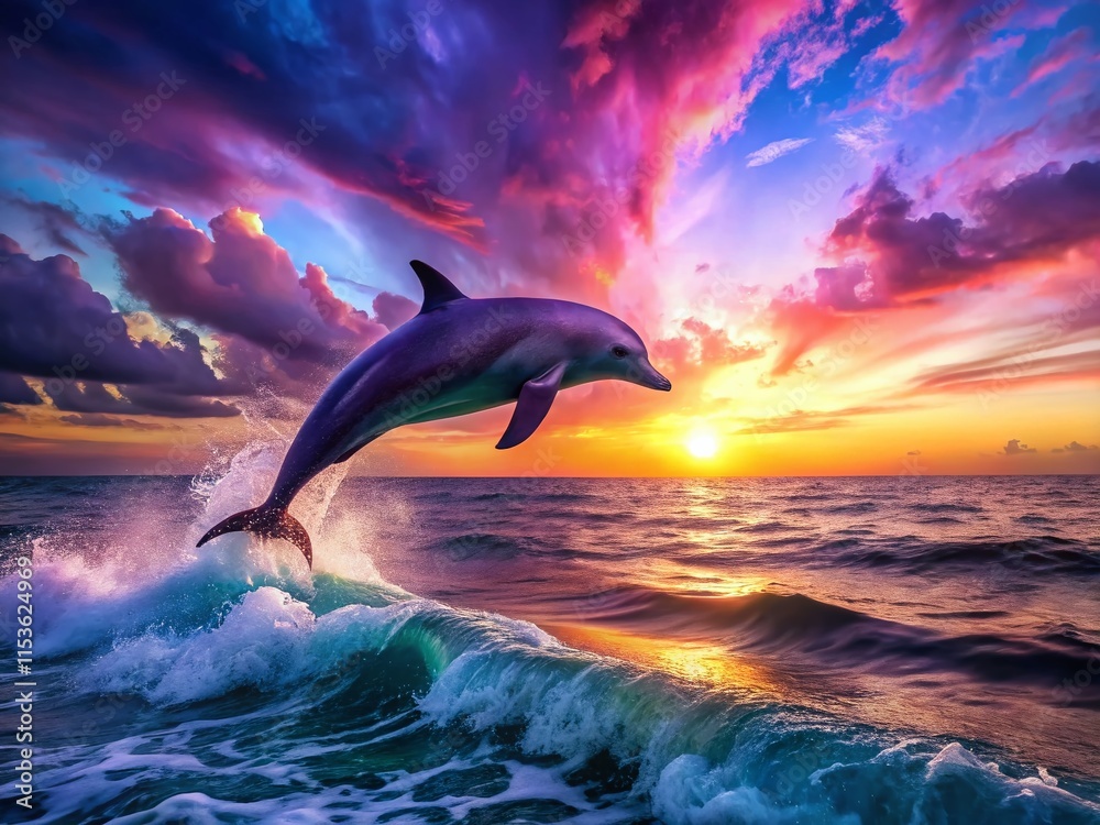 Surreal Sunset: Purple Dolphin Leaps from Ocean Waves