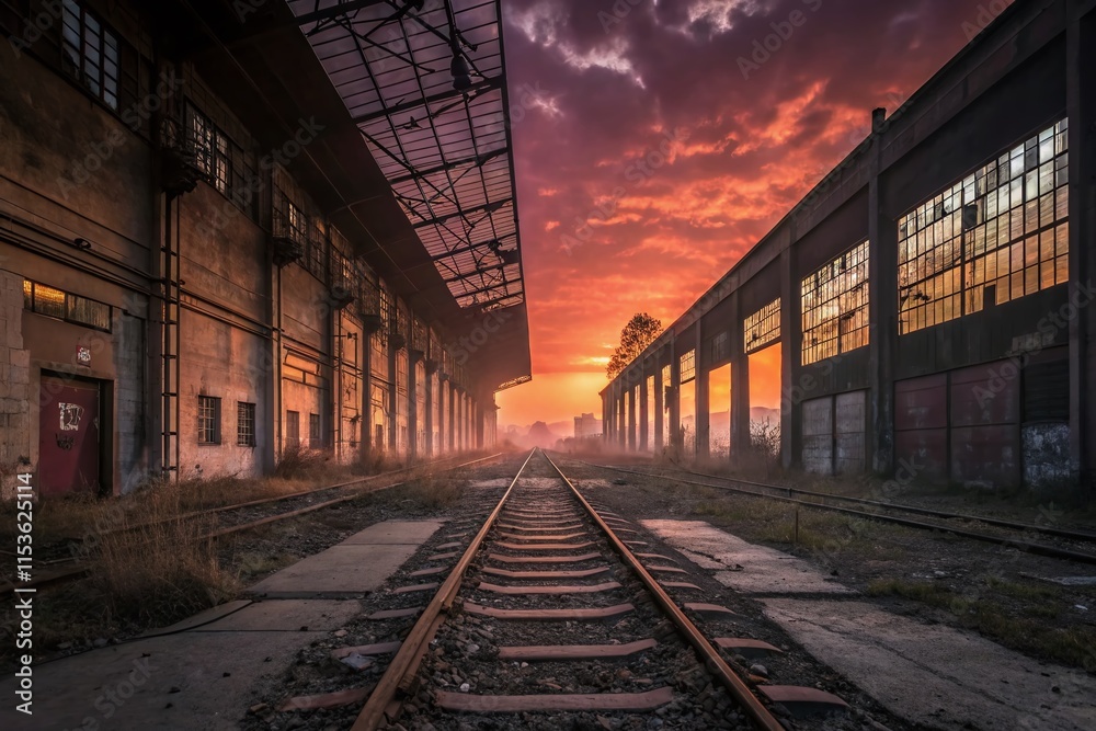 Surreal Sunset Over Abandoned Rail Tracks Inside Old Hangar