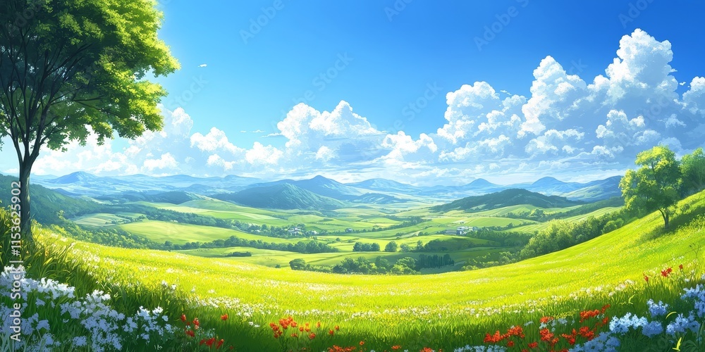 Obraz premium Travel through vibrant green fields under a clear, sunny blue sky, enjoying the beauty of nature as you embark on this picturesque journey through lush landscapes.