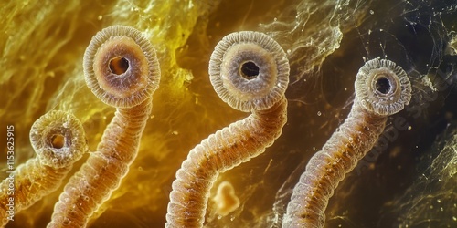 Mature proglottids of the cestodes tapeworm, specifically Dipylidium caninum, showcasing the unique characteristics of this tapeworm. The study of cestodes and tapeworms enhances understanding of photo