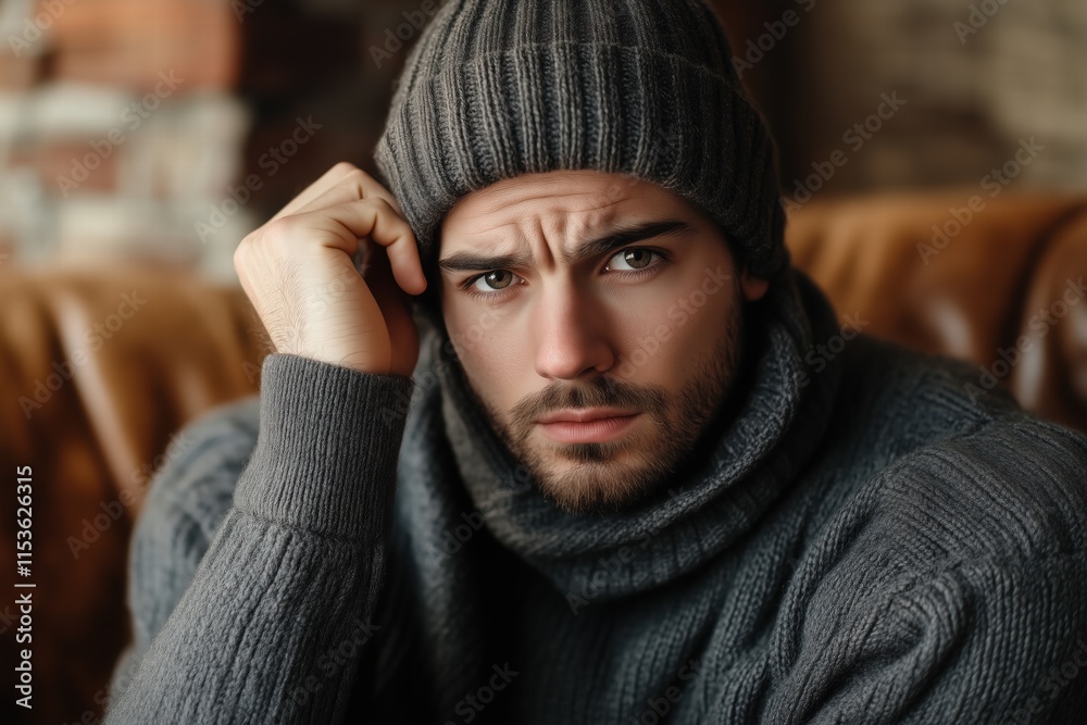 A young man with a thoughtful expression, wearing a knitted beanie and a cozy sweater, seated on a leather couch. The background features a rustic setting with warm tones. A young man with a thoughtful expression, wearing a knitted beanie and a cozy sweater, seated on a leather couch. The background features a rustic setting with warm tones.