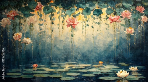 Blooming Waterlily Vines. Generative AI