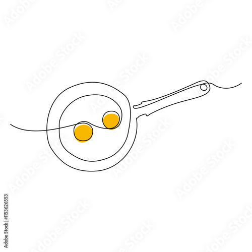 Continuous line drawing of fried egg on a pan. Vector illustration, Frying pan with scrambled egg in continuous one line art style. Simple vector illustration