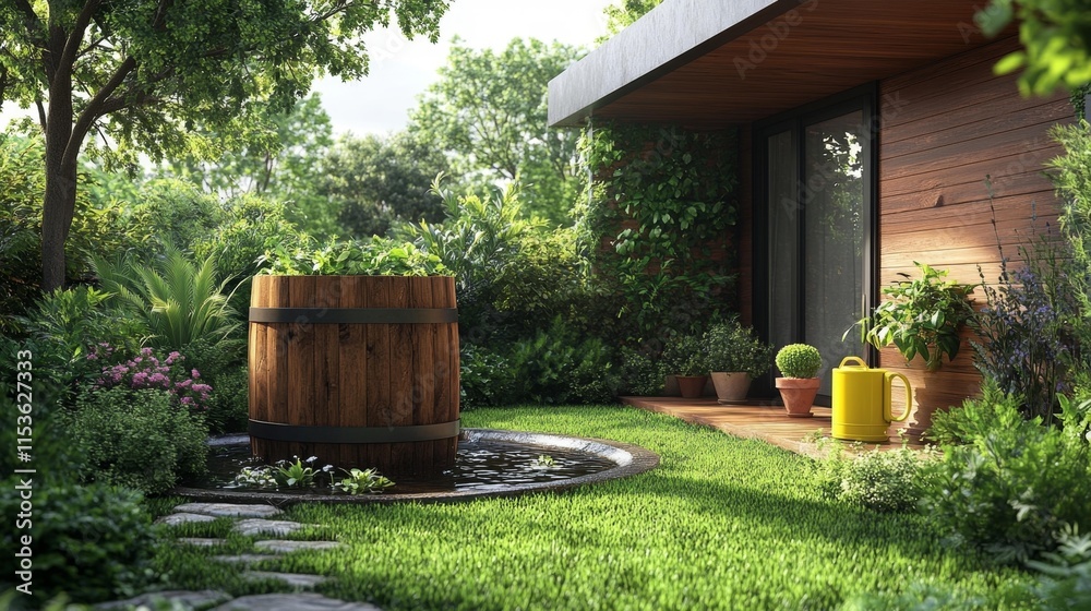 Naklejka premium Rain barrel and modern garden with wooden deck and watering can. Generative AI
