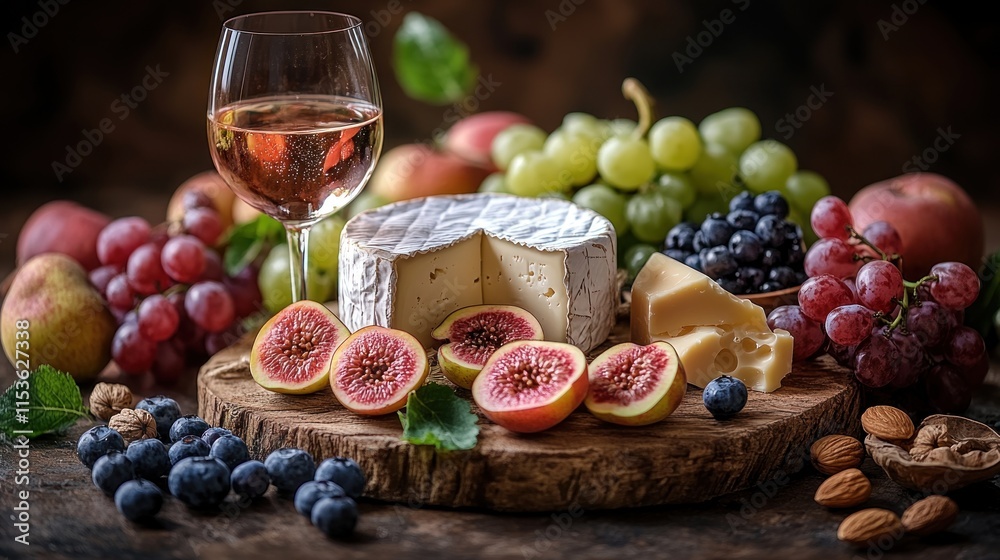 Assorted cheeses, fruits, and wine on a wooden board. Assorted cheeses, fruits, and wine on a wooden board.